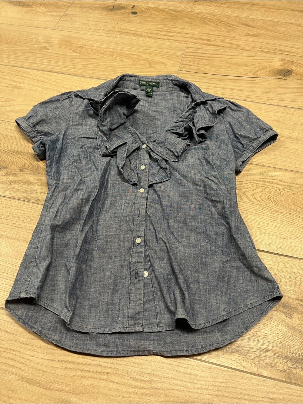 Lauren Ralph Lauren Blue Short-Sleeve Ruffle Chambray Blouse